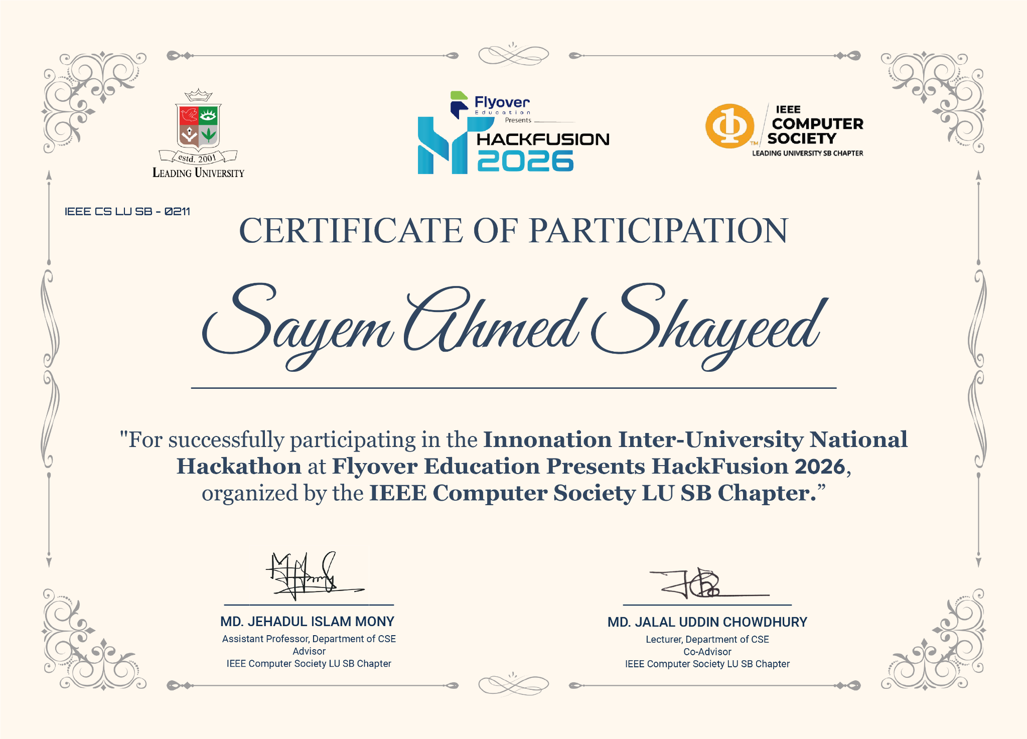 HackFusion 2026 Participant certificate